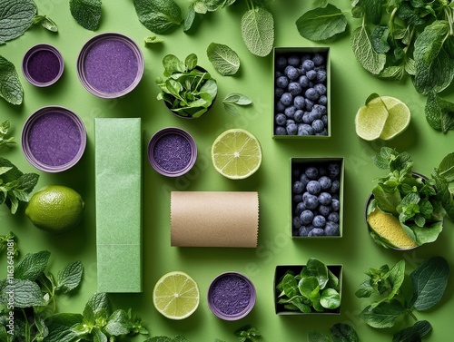 Food and Beverage,sustainable food Colorful arrangement of mint, blueberries, and limes on a green background. photo