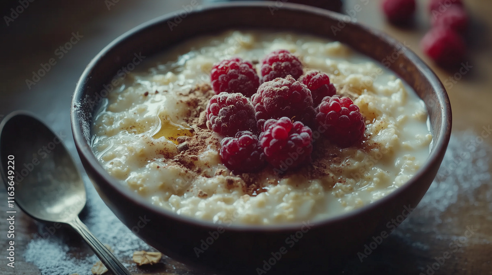 A warm bowl of creamy oatmeal topped with fresh berries, honey, and cinnamon, served in a rustic bowl with a spoon on the side. Soft morning light creates a cozy and inviting breakfast atmosphere. A warm bowl of creamy oatmeal topped with fresh berries, honey, and cinnamon, served in a rustic bowl with a spoon on the side. Soft morning light creates a cozy and inviting breakfast atmosphere.