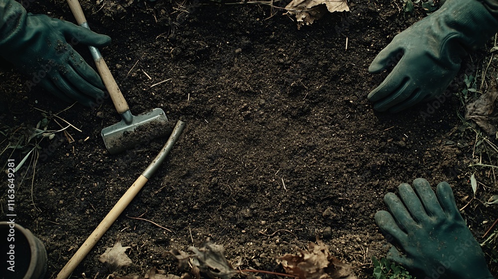 Obraz premium Two hands in green gardening gloves preparing soil for planting.