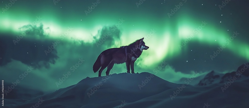Majestic wolf standing on a snowy mountain peak under a vibrant aurora borealis. Majestic wolf standing on a snowy mountain peak under a vibrant aurora borealis.