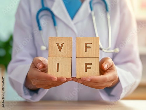 A female healthcare professional in a white coat holds wooden blocks displaying 'VF' and 'IF' symbols, conveying a medical concept.