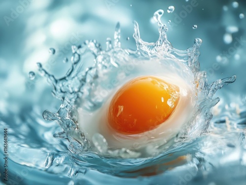 An egg yolk splashing dramatically in clear blue water, creating vibrant ripples and droplets. photo