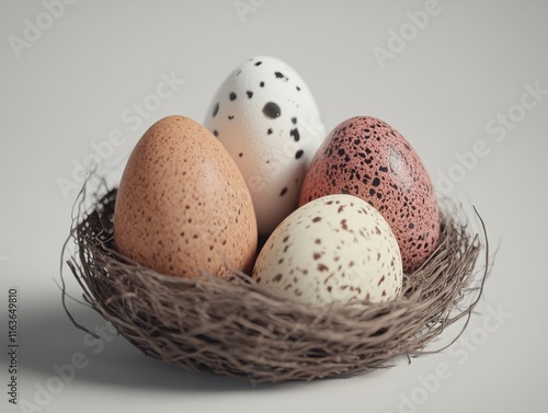 A close-up of four colorful eggs nestled in a natural nest, showcasing intricate patterns and earthy tones. photo