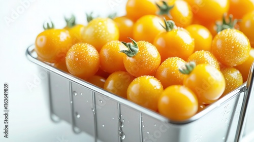 A compact silver trolley filled to the brim with shiny yellow cherry tomatoes, their surfaces adorned with tiny water beads. 