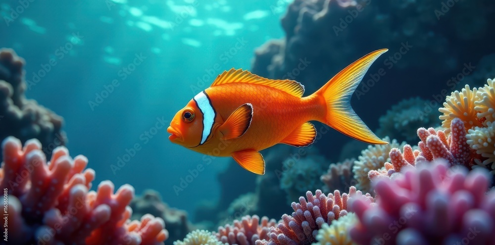 Obraz premium Orange fish with long tail swimming in coral reef, fish, coral