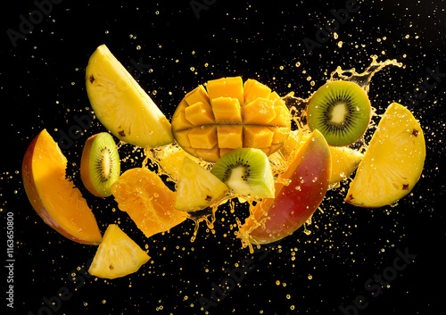 A colorful explosion of sliced tropical fruits like mangoes, pineapples, and kiwis with juice splashes. photo