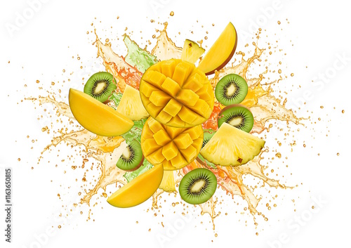 A colorful explosion of sliced tropical fruits like mangoes, pineapples, and kiwis with juice splashes. photo