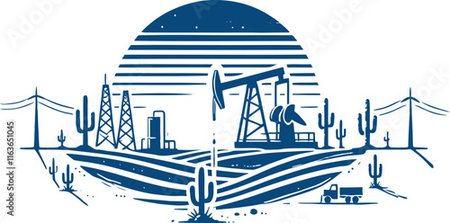 Oil Extraction in Desert Landscape Technical Illustration Style