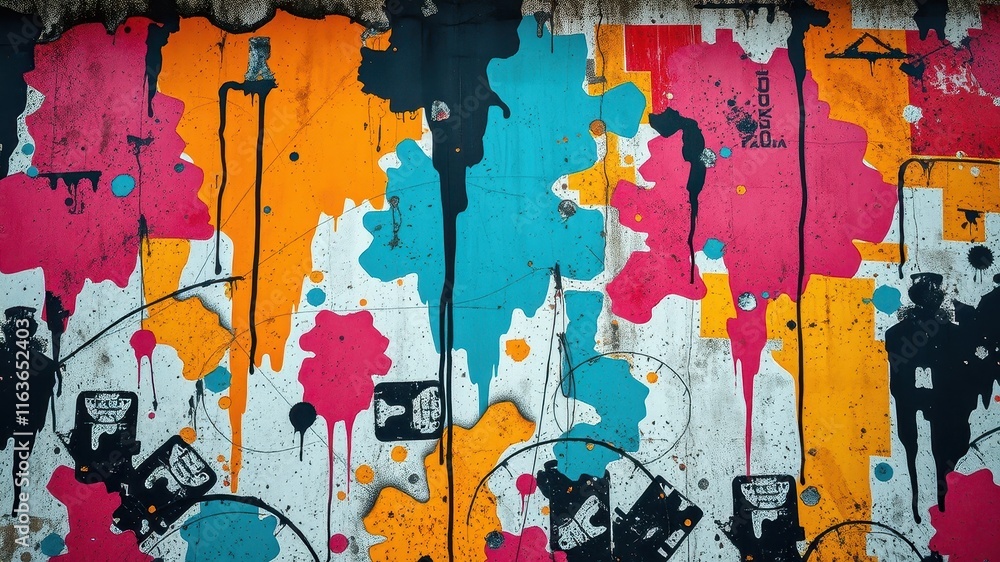 Fototapeta premium Abstract Colorful Dripping Paint Splashes on a Weathered Surface