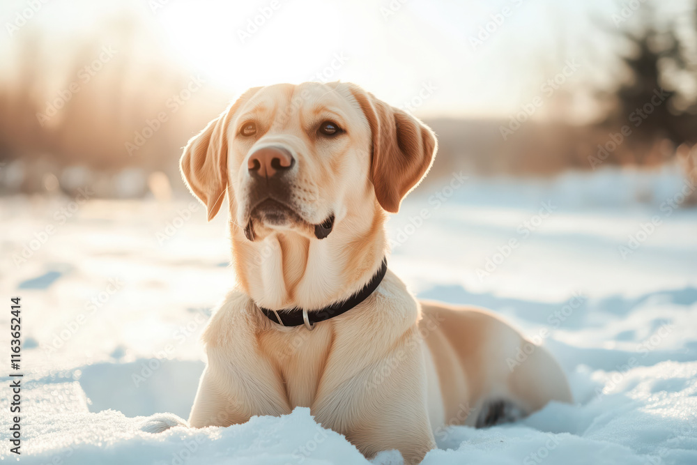 Happy dog on the snow, happily in a snowy landscape, winter landscape