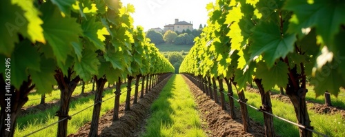 Row of grape vines in French vinyard with old stone wall and sunlight filtering through leaves , vineyard, purpleleaves, summervibes photo