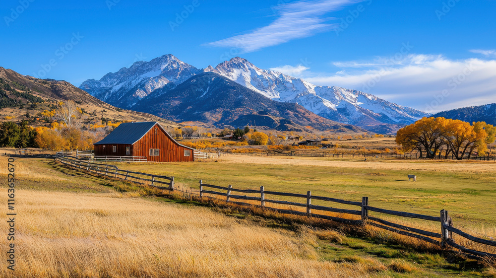 Scenic countryside landscape featuring a rustic barn and majestic snow-capped mountains under a bright blue sky with autumn foliage in the foreground Scenic countryside landscape featuring a rustic barn and majestic snow-capped mountains under a bright blue sky with autumn foliage in the foreground