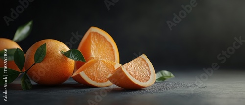 Juicy oranges with leaves on dark background.