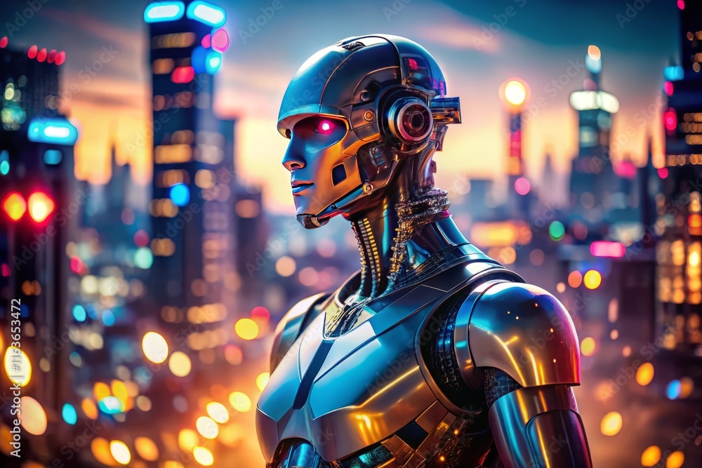 Futuristic Robot Silhouette in Neon Cityscape - Double Exposure Stock Photo Futuristic Robot Silhouette in Neon Cityscape - Double Exposure Stock Photo