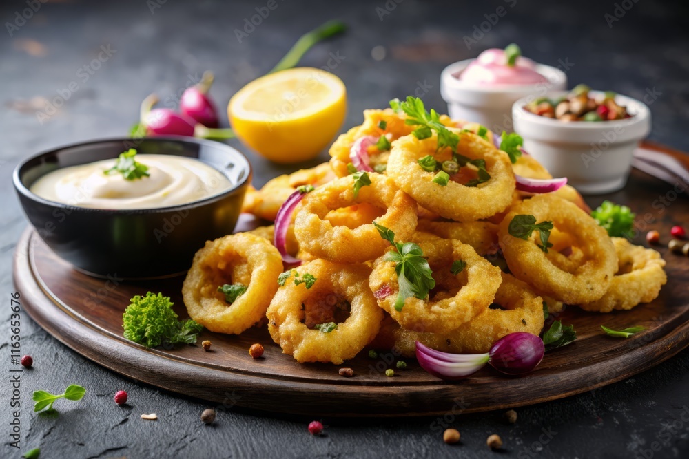 Golden Fried Calamari Rings with Lemon, Aioli, and Capers on Slate Plate Golden Fried Calamari Rings with Lemon, Aioli, and Capers on Slate Plate
