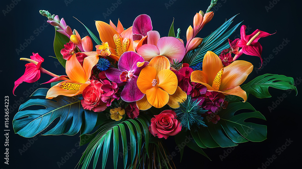 Obraz premium Vibrant Tropical Floral Arrangement on Dark Background, A colorful and vibrant floral arrangement featuring a mix of tropical flowers, including orchids, roses, plumeria, and exotic blooms, set agains