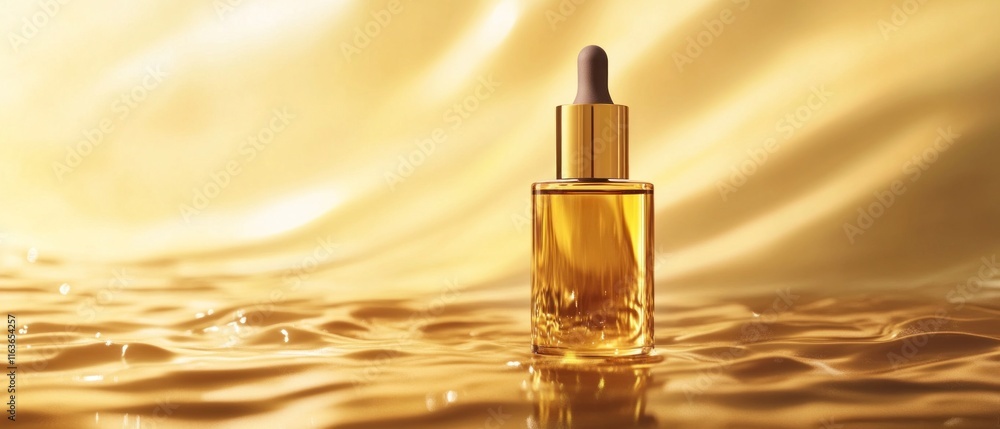 Naklejka premium Golden serum bottle on liquid background.