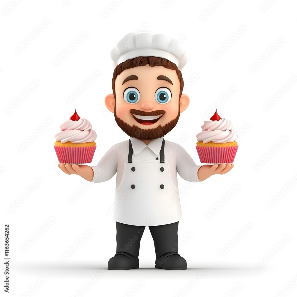 Cartoon chef holding two cupcakes in his hands Cartoon chef holding two cupcakes in his hands