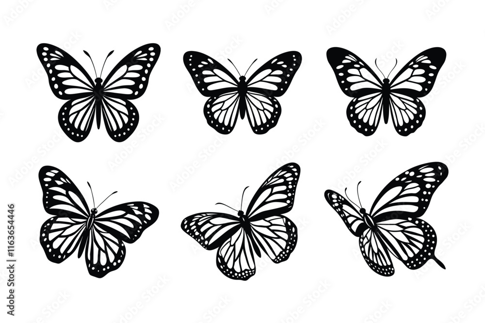 Monarch Butterfly (Danaus plexippus) silhouette design, labeled linocut vector illustration. Monarch Butterfly (Danaus plexippus) silhouette design, labeled linocut vector illustration.