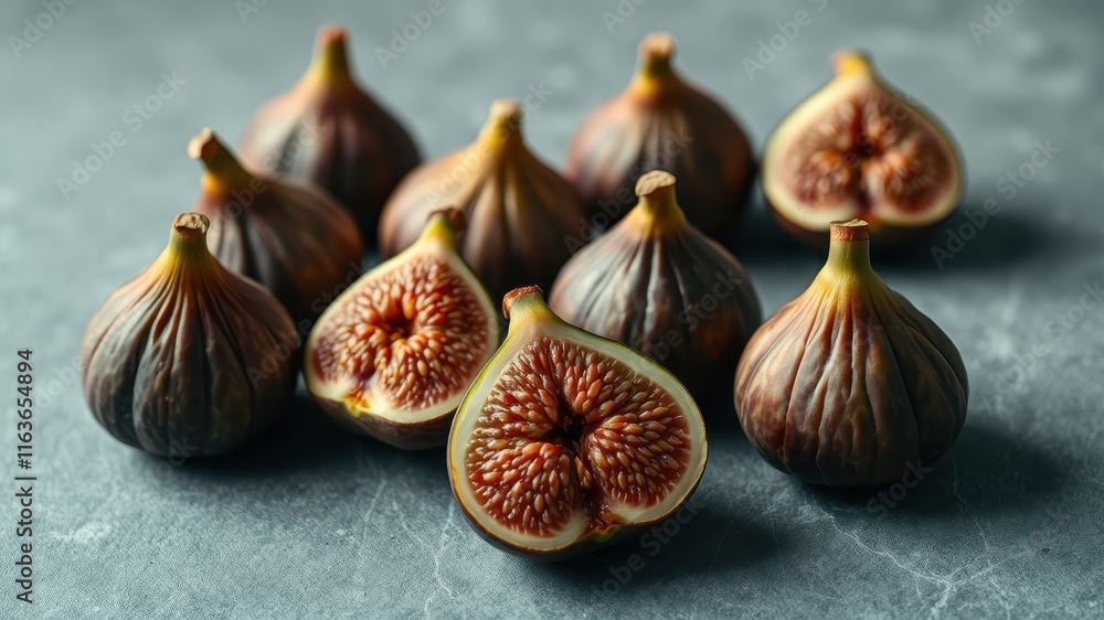 Fototapeta premium A cluster of ripe figs, some whole and others halved, showcasing their deep purple skin and vibrant red interior on a dark gray surface.