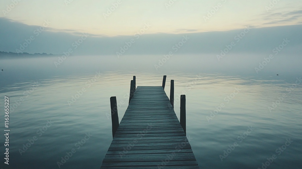 Tranquil wooden dock extending into a misty lake at dawn. Calm, serene, peaceful, quiet, misty, foggy, Tranquil wooden dock extending into a misty lake at dawn. Calm, serene, peaceful, quiet, misty, foggy,