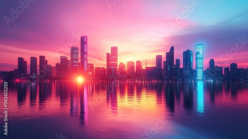 Wallpaper Mural Futuristic cityscape at vibrant sunset over water with neon lights reflecting. Torontodigital.ca