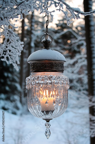 Candle Lantern Hanging in Winter Forest. Generative AI photo