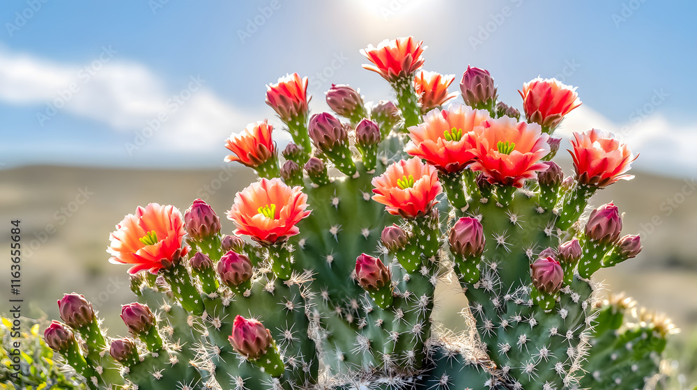 Fototapeta premium vibrant blooming cactus with vivid red flowers under sunny sky