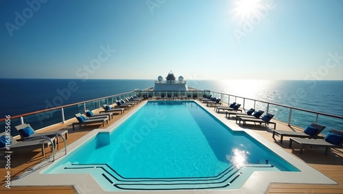 Swimming pool and sunbathing area on the cruise ship's upper deck