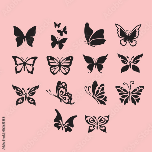 Variety of black butterfly silhouettes for decorative design