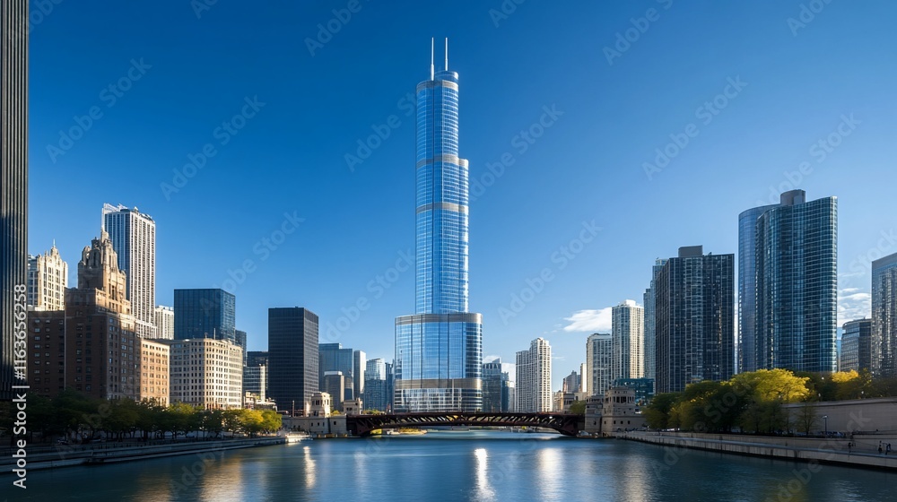 Fototapeta premium Chicago skyline with modern skyscraper reflecting in river under clear sky.
