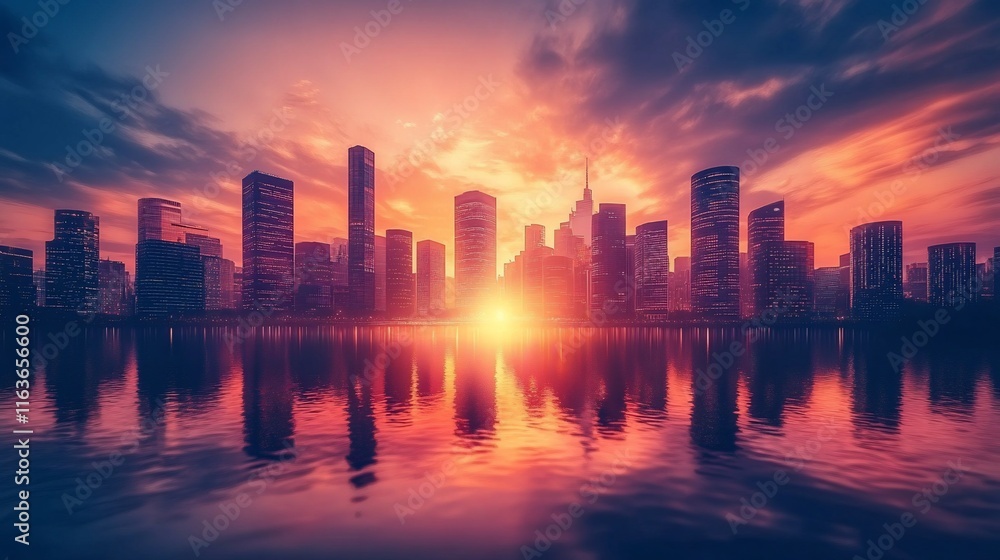 Fototapeta premium Sunrise over a modern cityscape reflected in calm water.