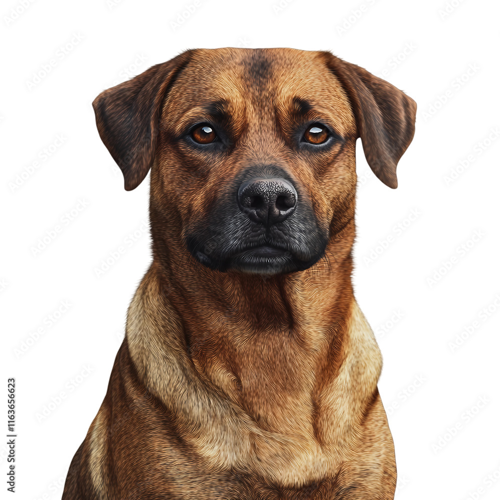 Obraz premium Brown dog with a black nose and brown eyes is staring at the camera.