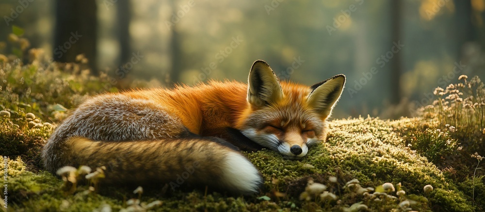 Obraz premium Sleepy fox resting on mossy forest floor.