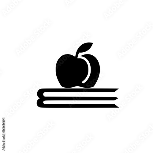 Apple Resting on Stack of Books, Illustration of an apple placed on top of a stack of three books, symbolizing education and knowledge in black and white.

