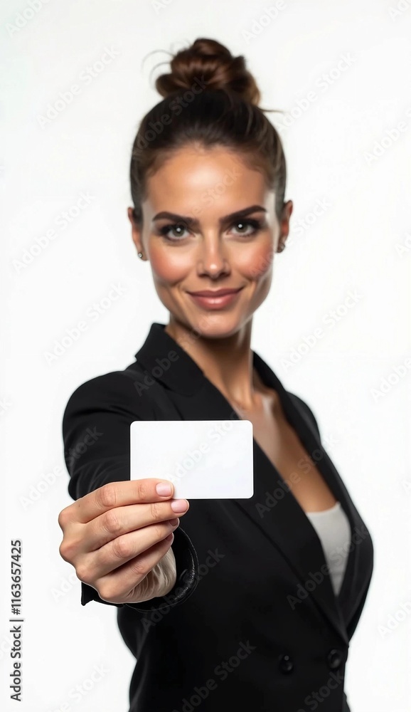 Businesswoman with tied hair holding white blank ID card isolated on white background Businesswoman with tied hair holding white blank ID card isolated on white background