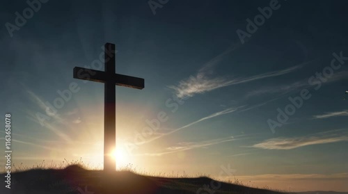 cross at sunset in the mountain. Virtual 4K video animation background with looping time lapse with very smooth graphics.