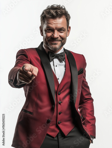  male casino host wearing red suit