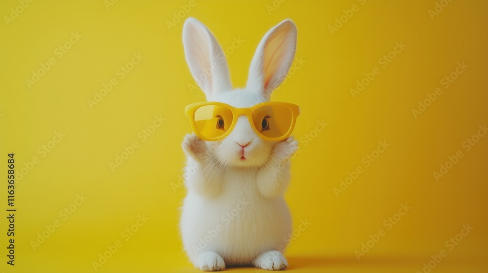 A cute white rabbit wearing yellow sunglasses on a solid color background, with ample copy space A cute white rabbit wearing yellow sunglasses on a solid color background, with ample copy space