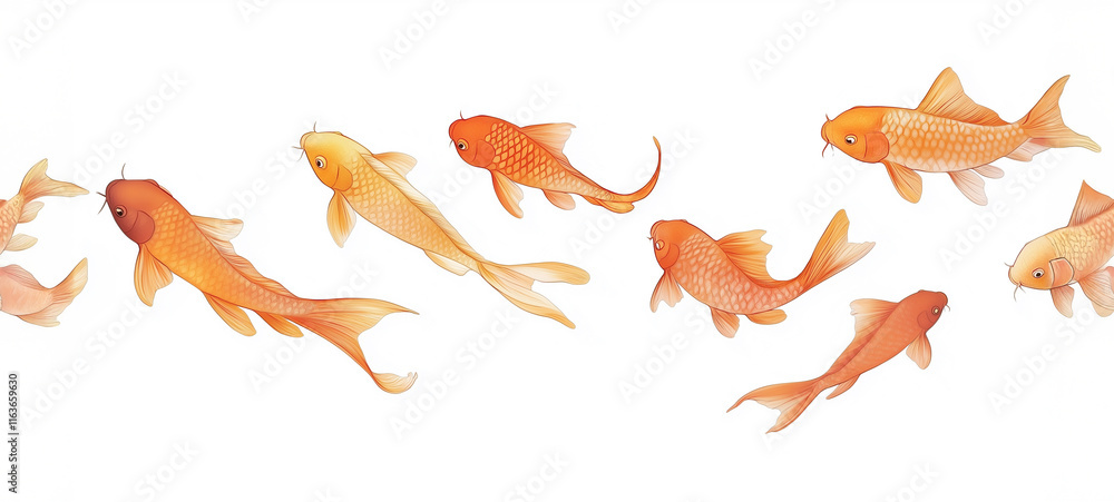 Obraz premium Seamless Horizontal Orange Koi fish Goldfish swimming boarder isolated on white background 