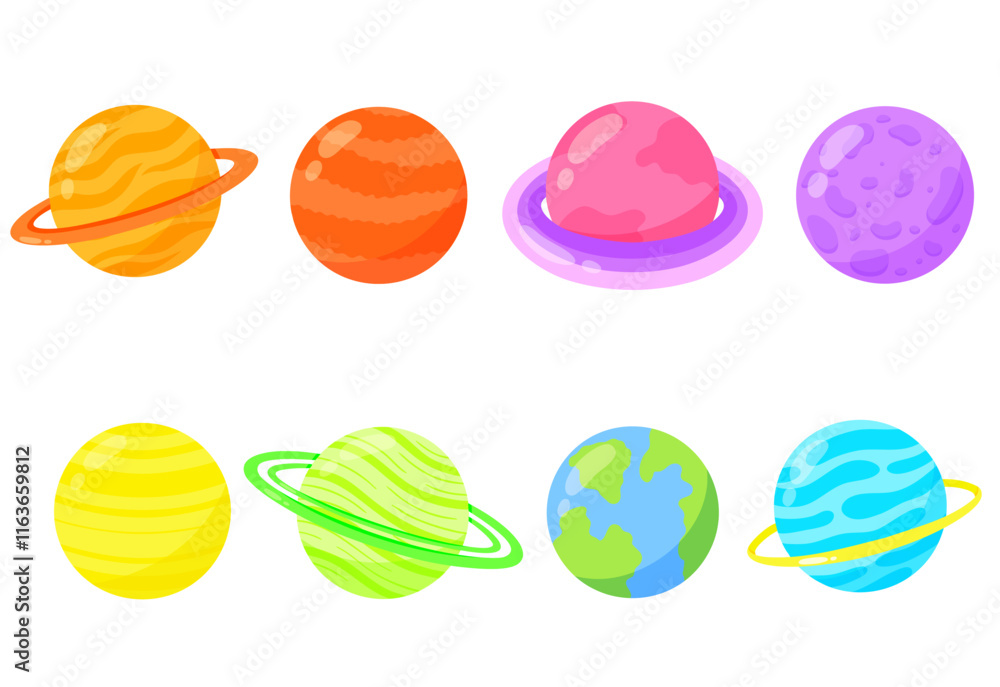 Fototapeta premium Kids colourful cartoon planet set of vector illustrations. Galaxy, space, universe