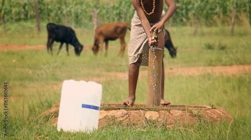 Unidentified African child in Eswaniti drinking clean water from a tap. Water Scarcity Symbol. The scene in a rural area with cows grazing in the background in Swaziland kingdom