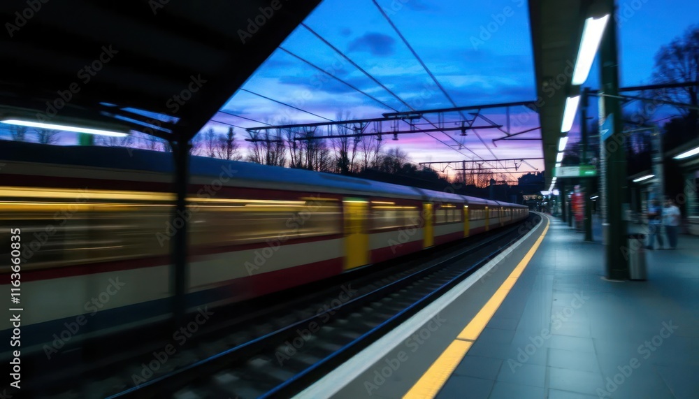 Train speeding through station at twilight. Vibrant sunset colors paint the sky as the train rushes past the platform. Train speeding through station at twilight. Vibrant sunset colors paint the sky as the train rushes past the platform.