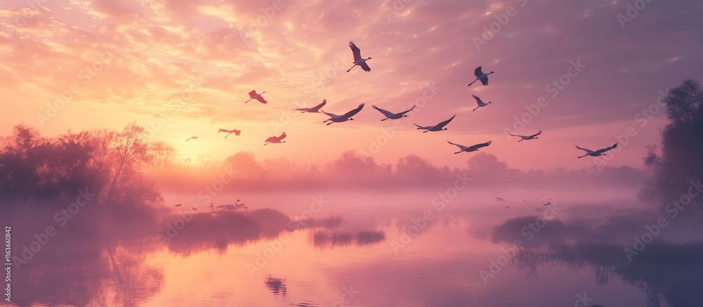 Obraz premium Sunrise over a tranquil river with birds in flight.