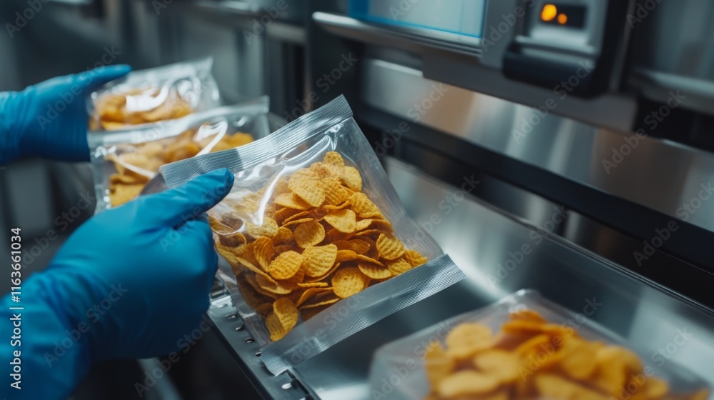 Fototapeta premium In a busy food production facility, workers utilize advanced machines to package snack chips. The automated system ensures quick and hygienic handling of each packet, enhancing productivity.