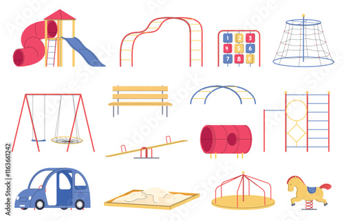 Children playground. Different colored swings and slides. Recreation area and children playground. Vector illustration