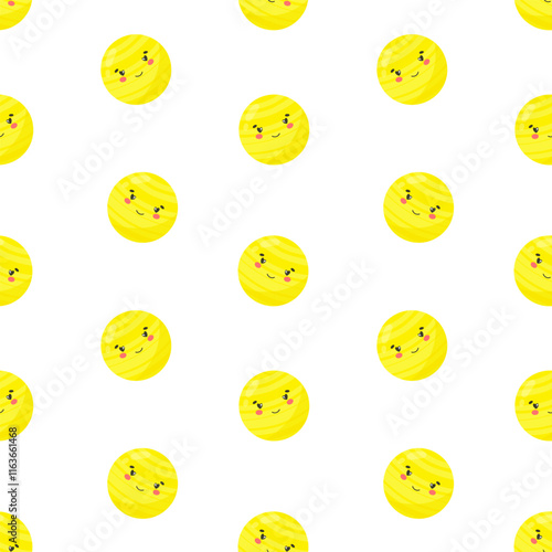 Yellow kid kawaii planet vector seamless pattern. Galaxy, space, universe. Background, print, fabric