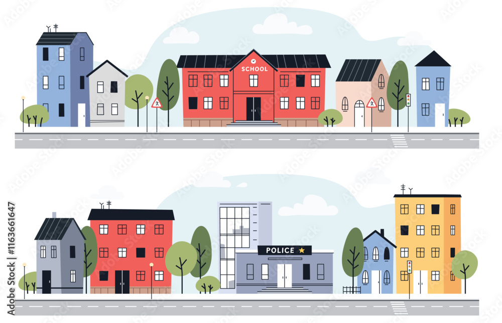 Municipal state institutions. Set of cute city houses. A city with different houses. Buildings in a simple child style. Nice city. Vector illustration