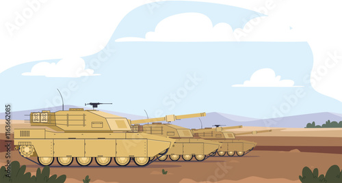 Tank on the battlefield. Military heavily armored vehicles, combat vehicles. Vector illustration