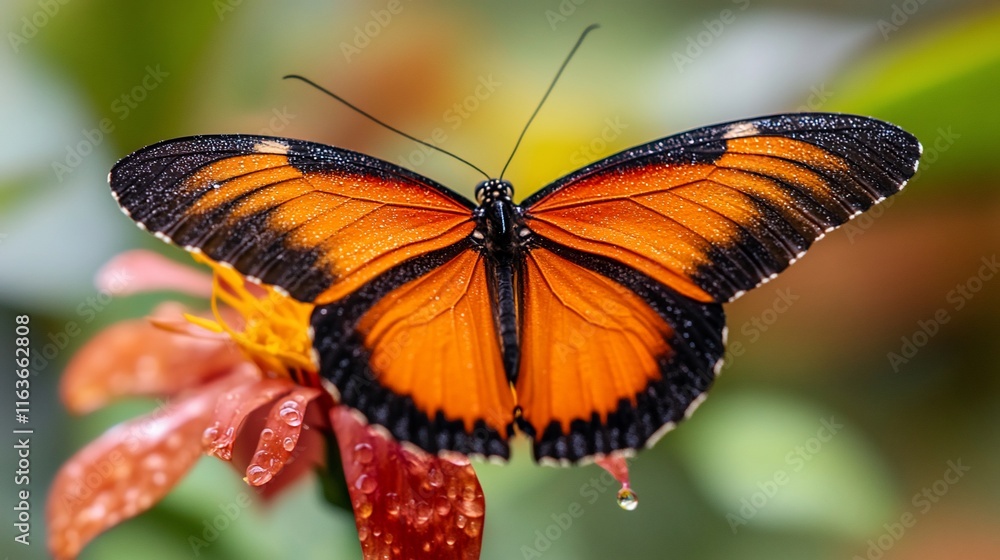 Fototapeta premium Close-up of an orange butterfly with black markings on a flower with dew drops.